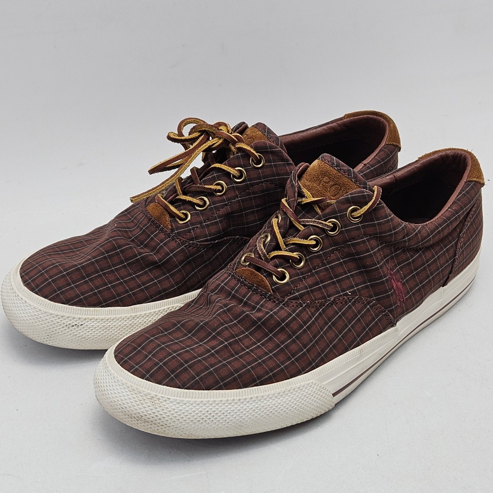 Polo Ralph Lauren Vaughn Mens 10.5D Brown Plaid Canvas Leather Sneakers 11501